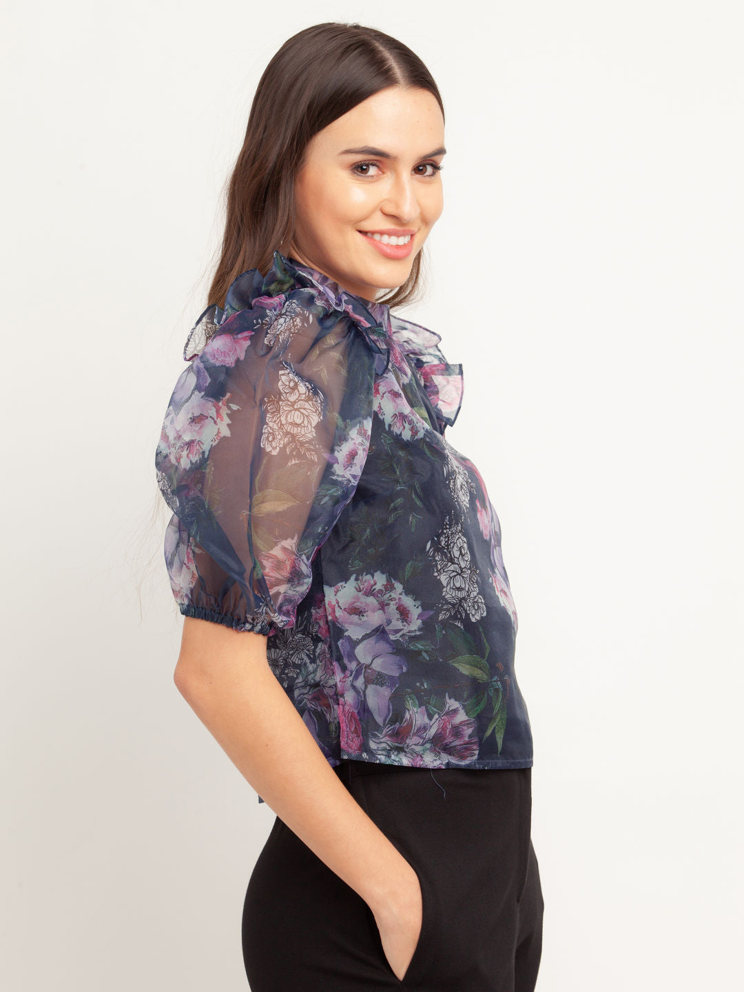 Navy Blue Printed Puff Sleeve Top