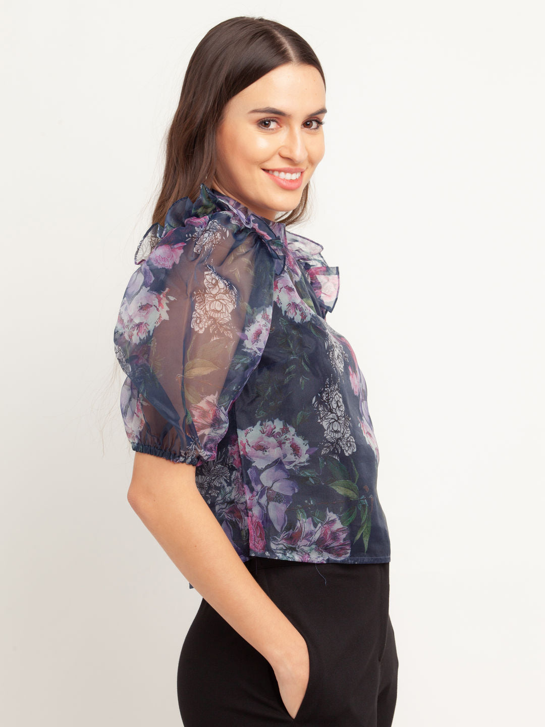 Navy Blue Printed Puff Sleeve Top For Women