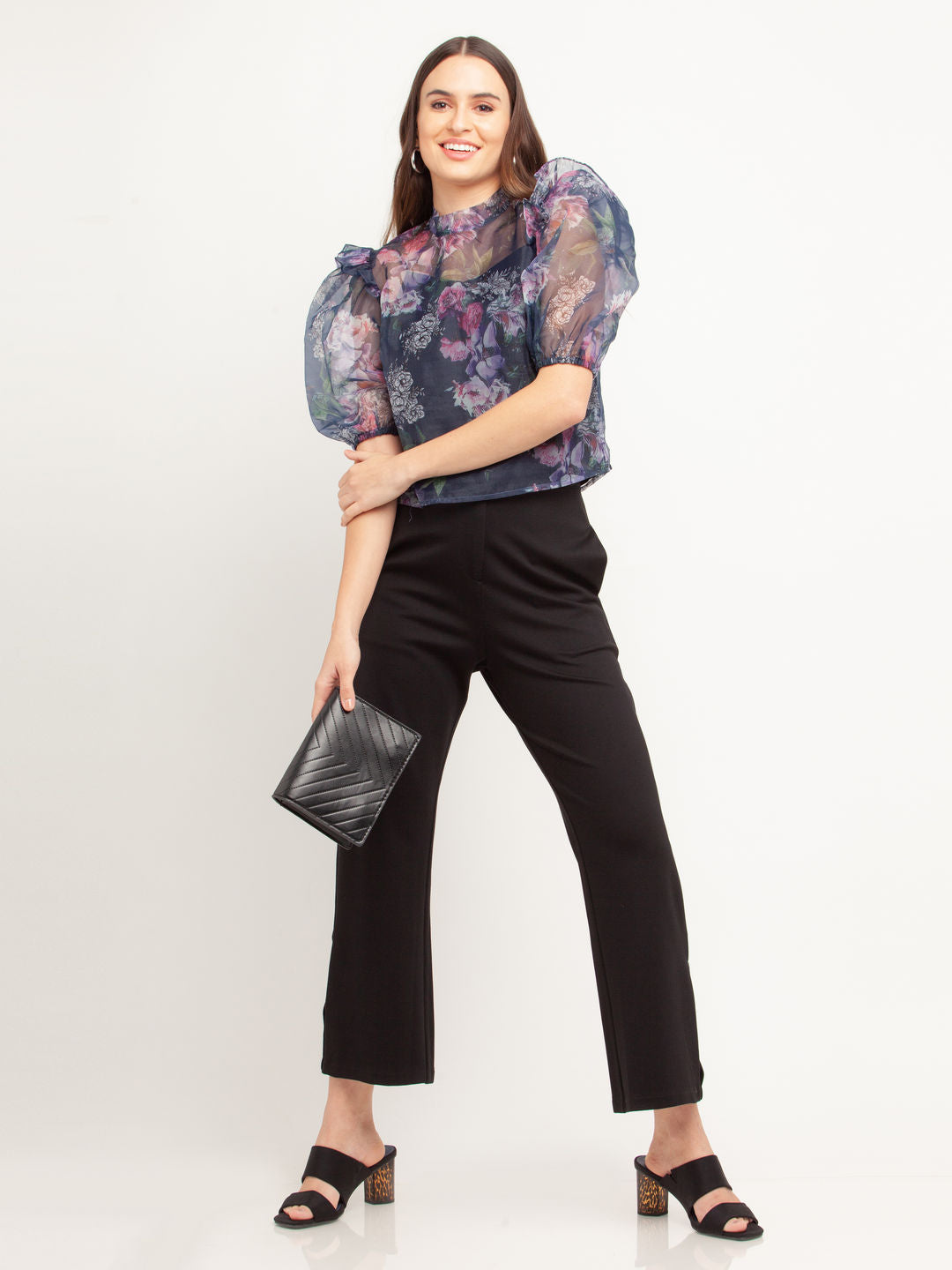Navy Blue Printed Puff Sleeve Top For Women