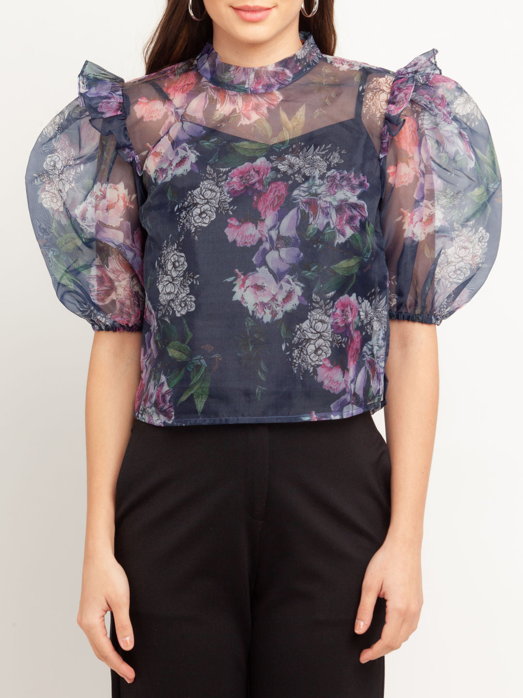 Navy Blue Printed Puff Sleeve Top