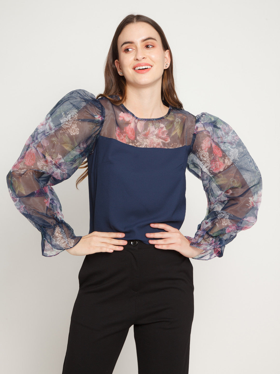 Blue Floral Printed Puff Sleeve Top