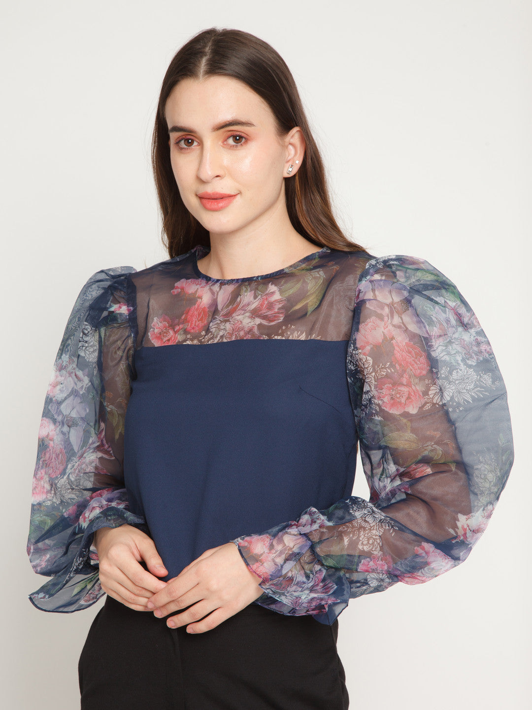 Blue Floral Printed Puff Sleeve Top