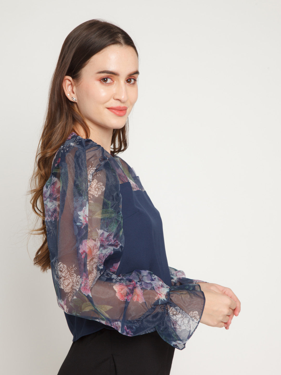 Blue Floral Printed Puff Sleeve Top