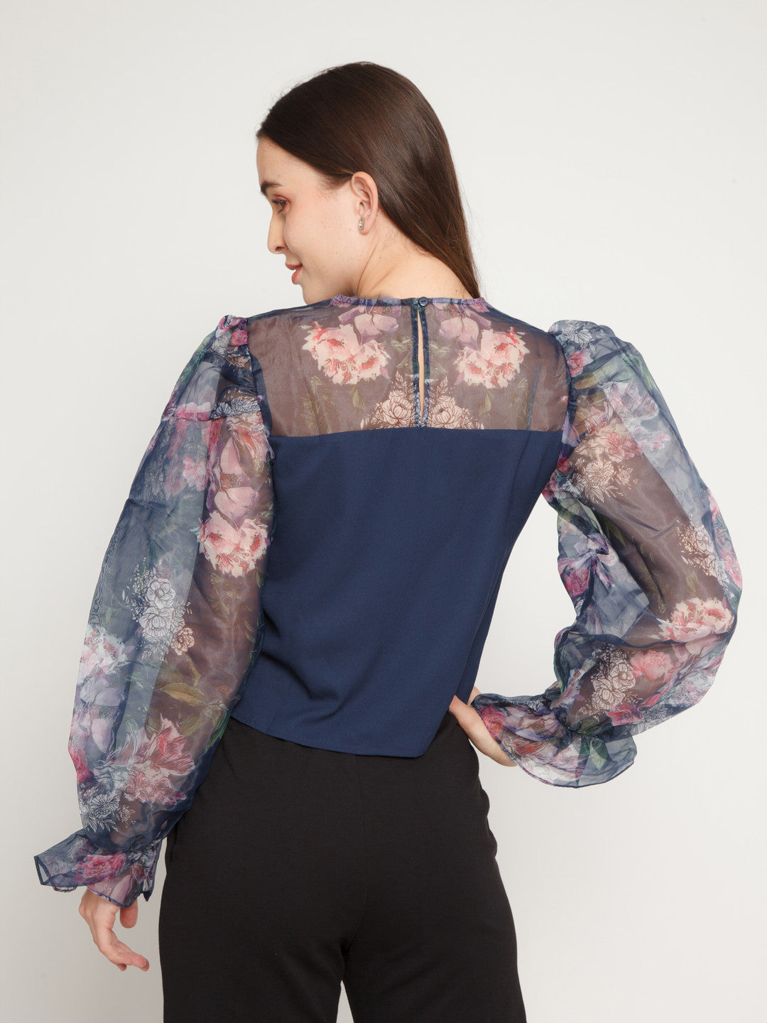 Blue Floral Printed Puff Sleeve Top