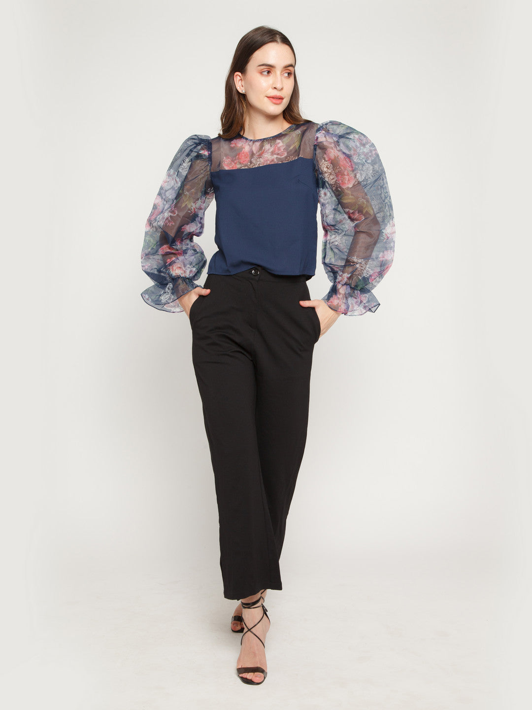 Blue Floral Printed Puff Sleeve Top