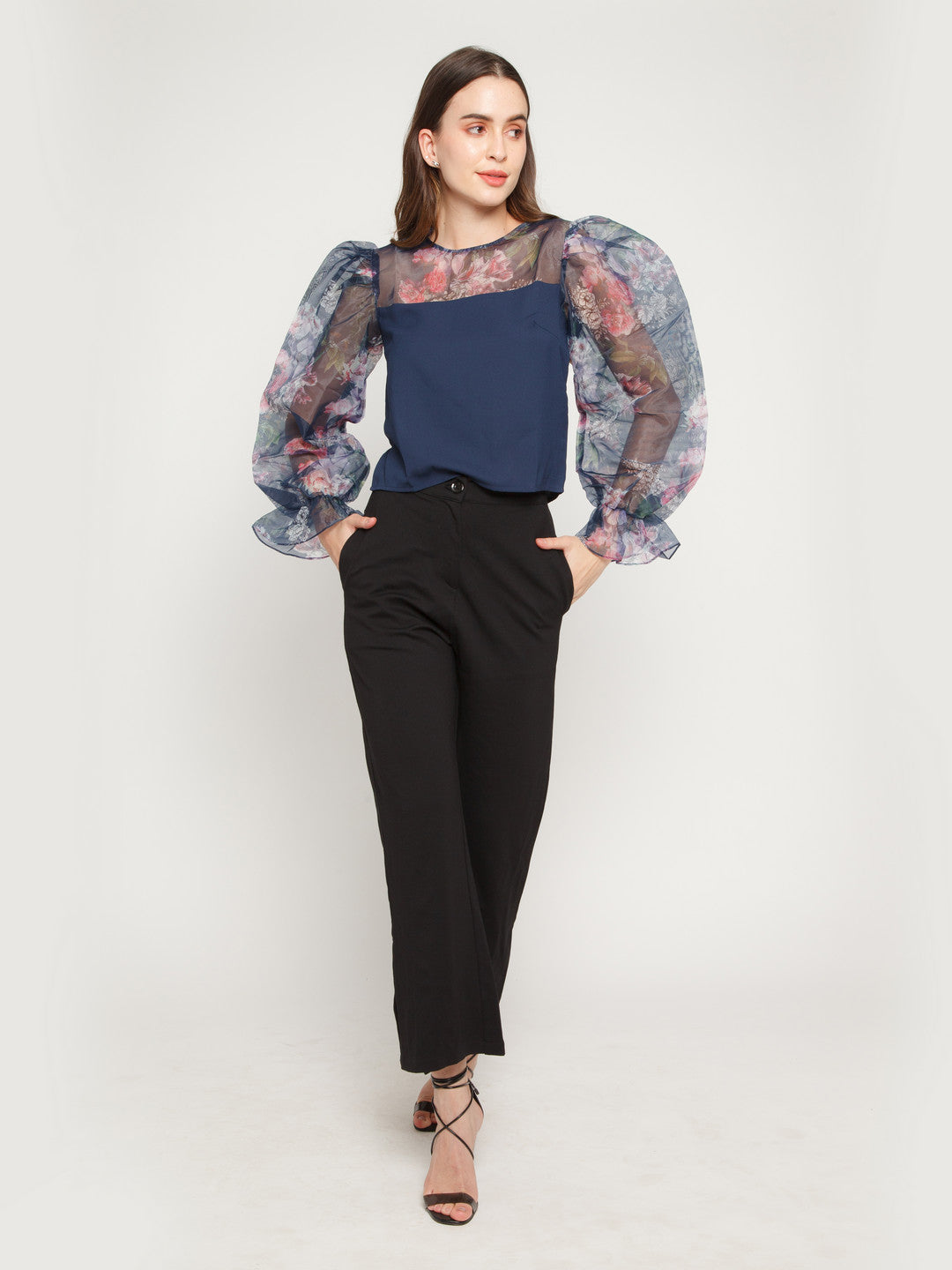 Blue Floral Printed Puff Sleeve Top for Women