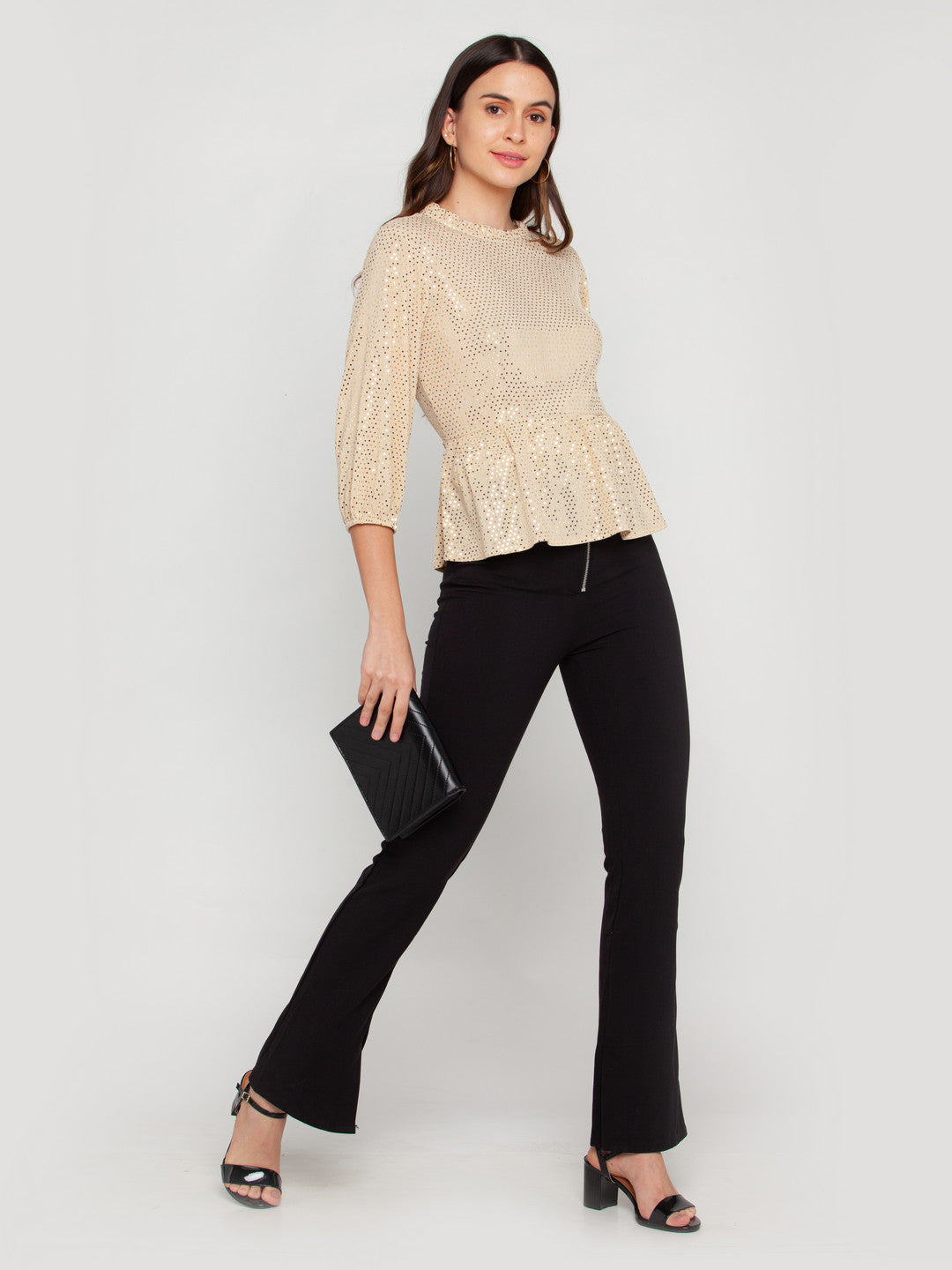 Beige Embellished Puff Sleeve Top