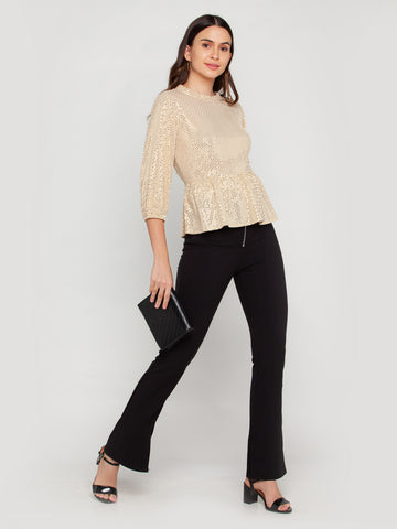 Beige Embellished Puff Sleeve Top For Women