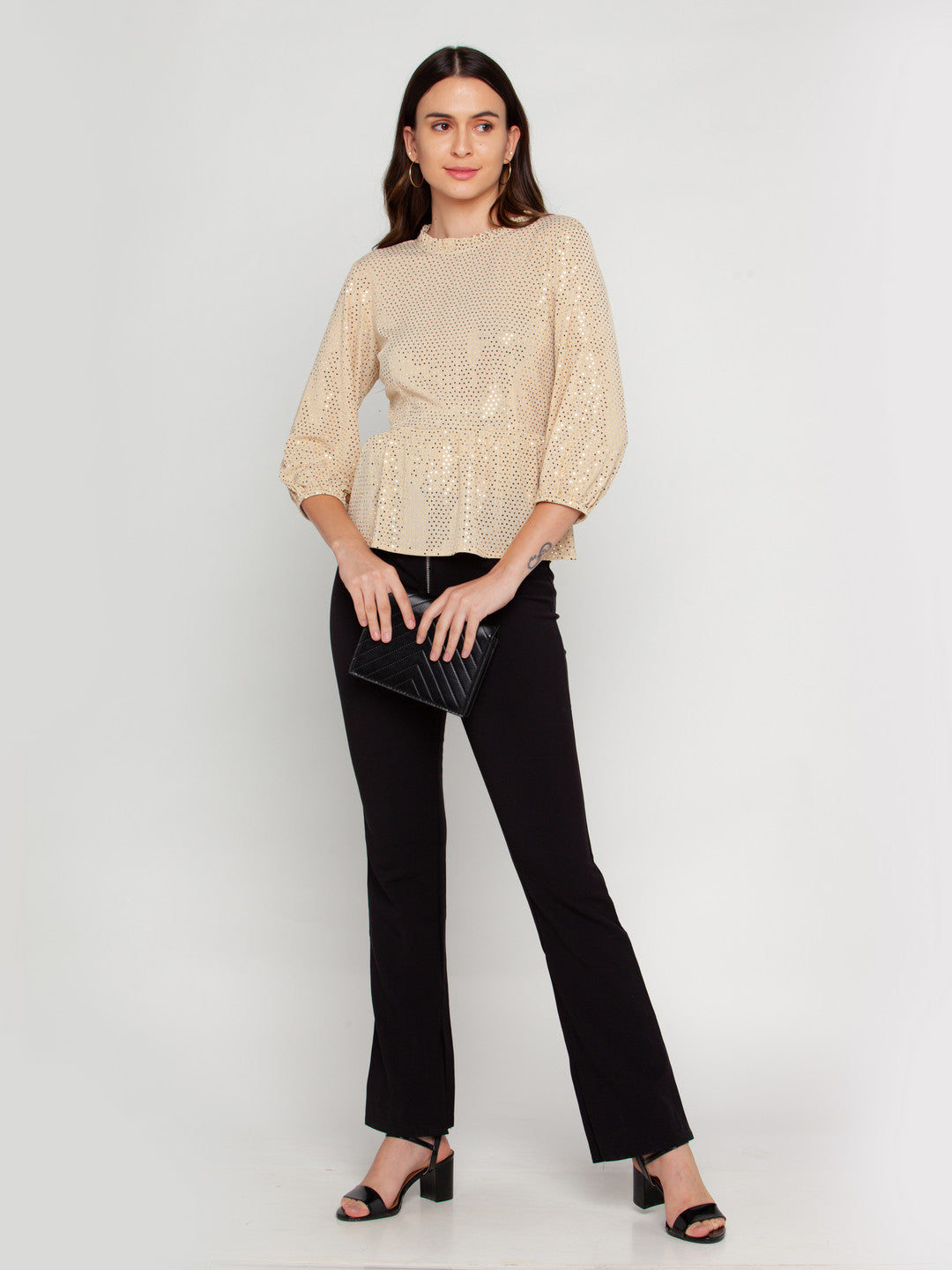 Beige Embellished Puff Sleeve Top