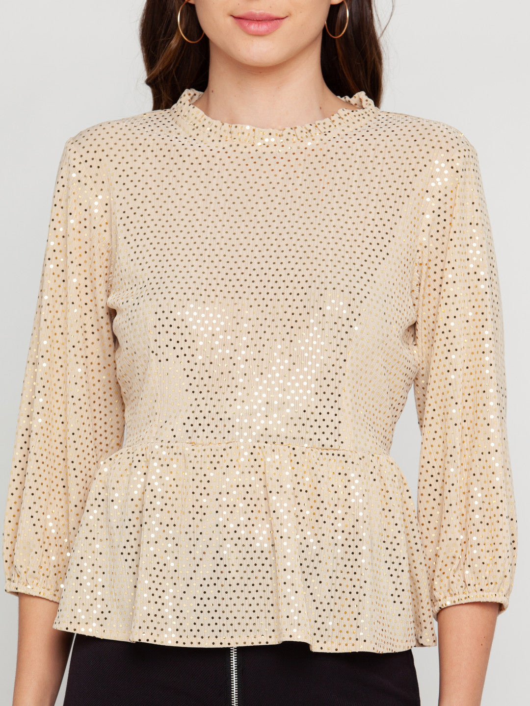 Beige Embellished Puff Sleeve Top