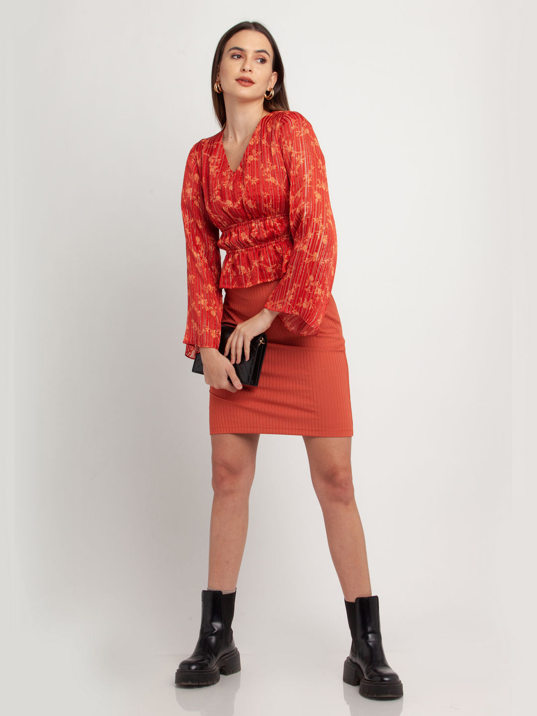 Rust Printed Flared Sleeve Top For Women