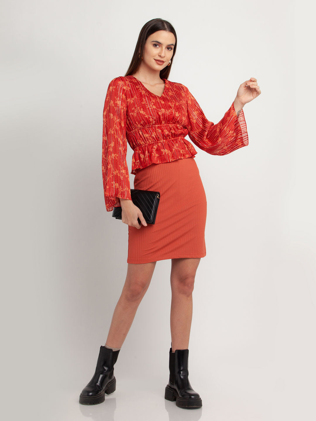 Rust Printed Flared Sleeve Top For Women