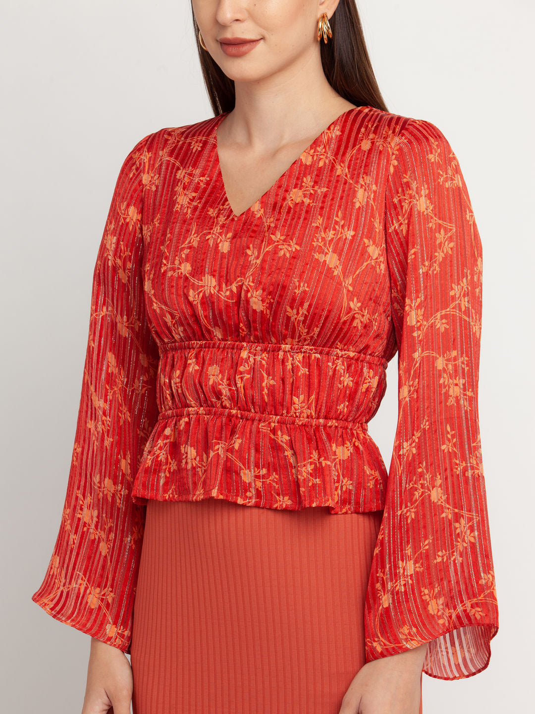Rust Printed Flared Sleeve Top