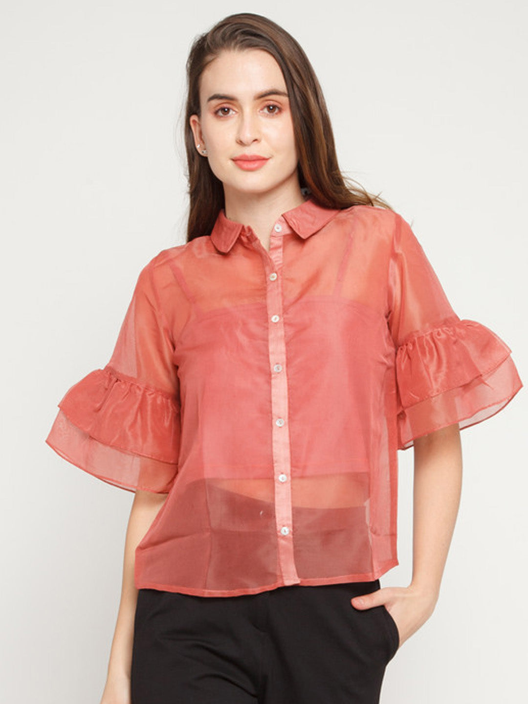 Pink Solid Ruffles Shirt