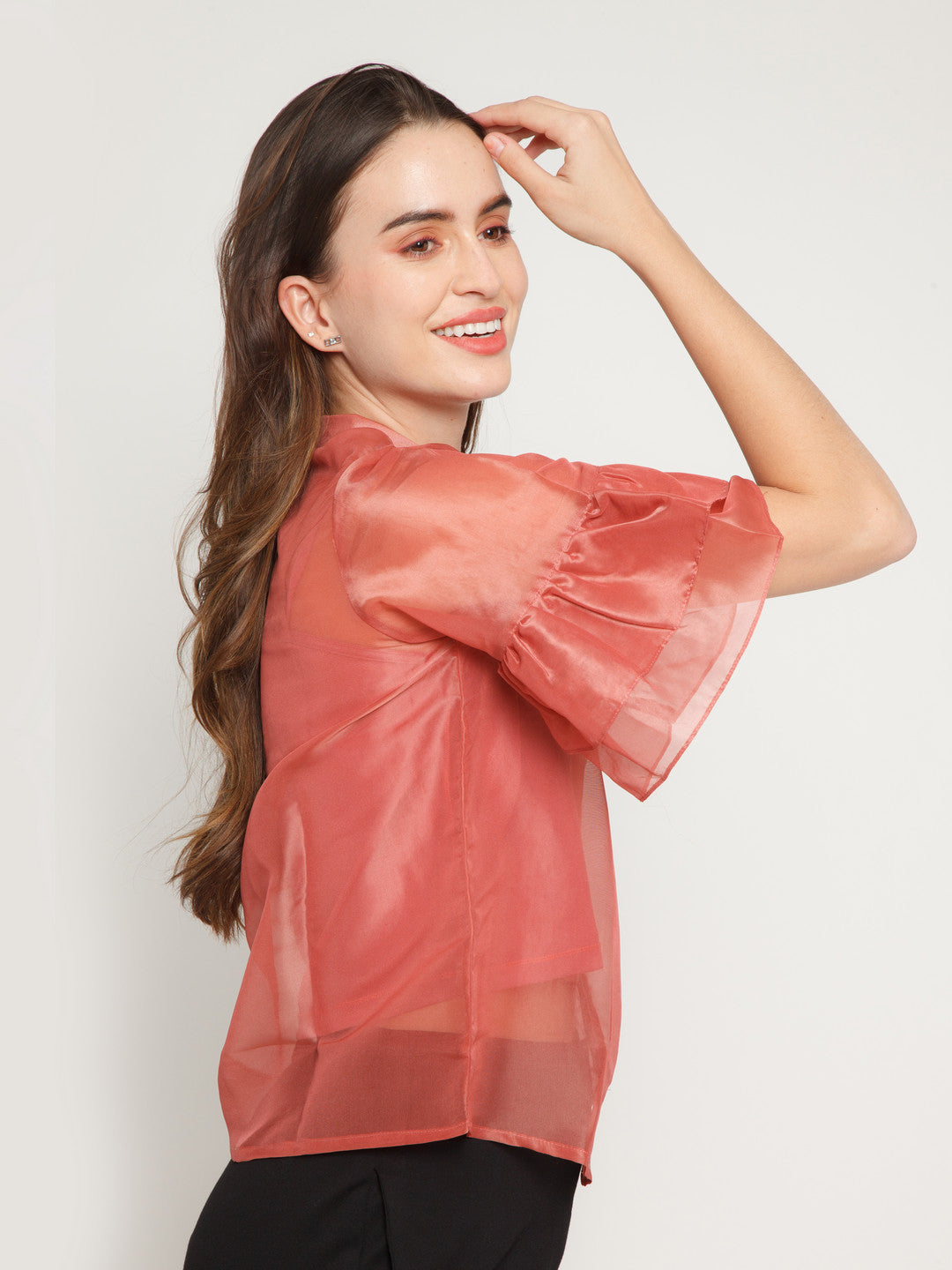 Pink Solid Ruffles Shirt for Women