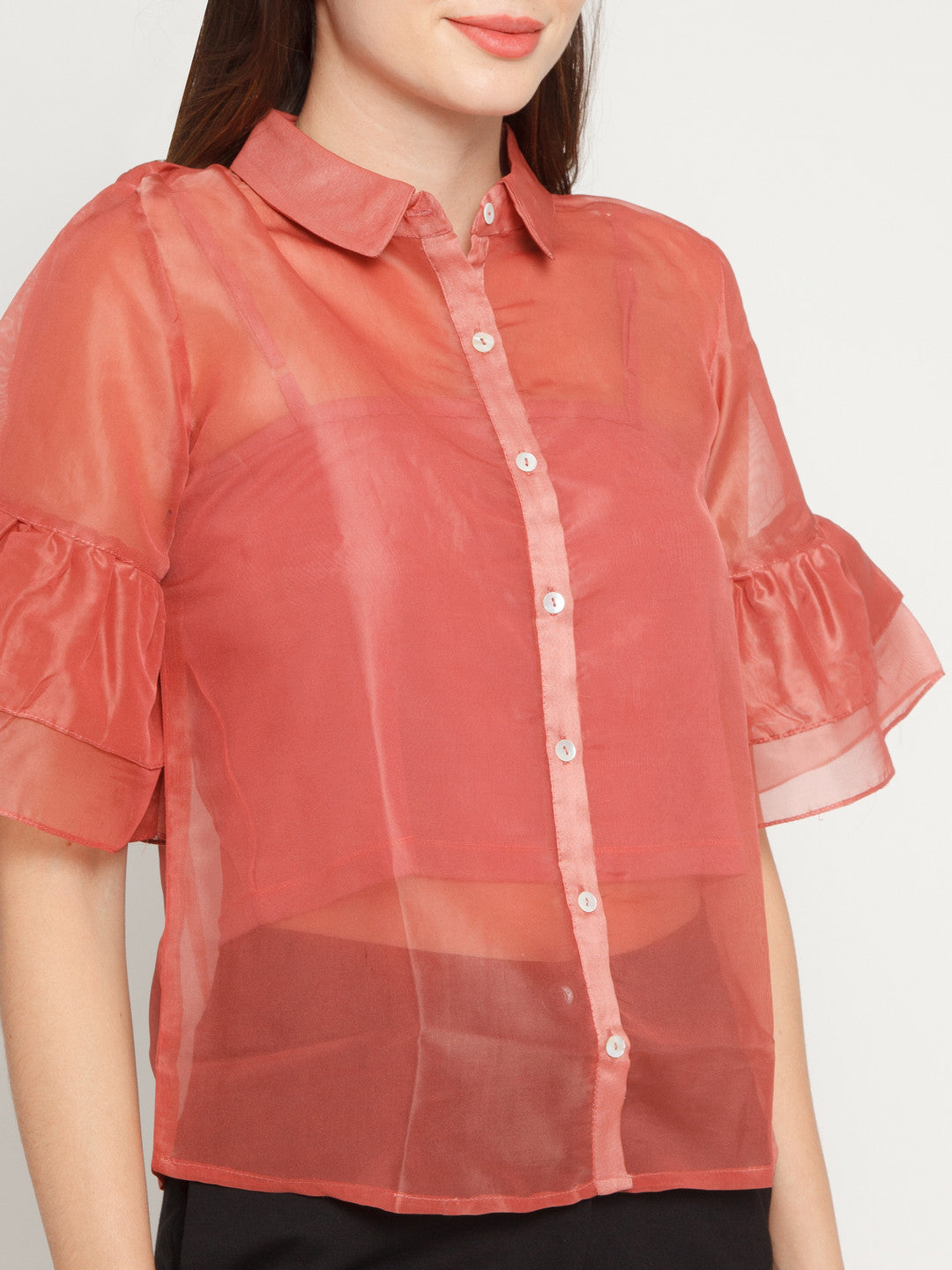 Pink Solid Ruffles Shirt for Women