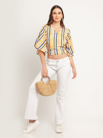 Multicolored Striped Flared Sleeve Top For Women