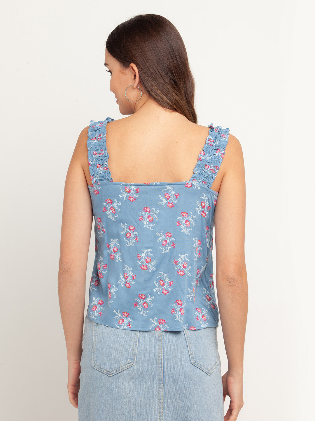 Blue Printed Elasticated Top For Women
