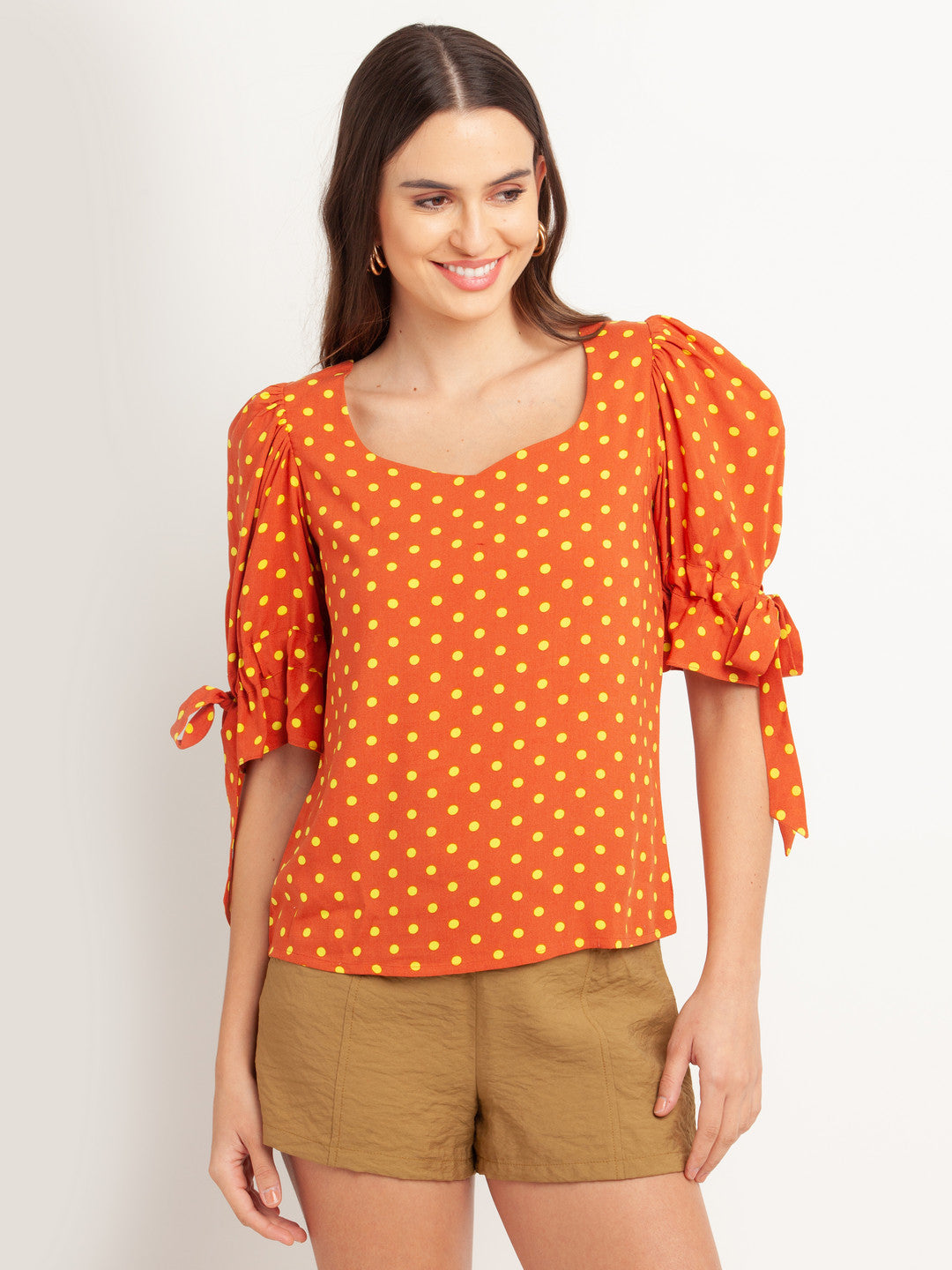 Orange Printed Puff Sleeve Top