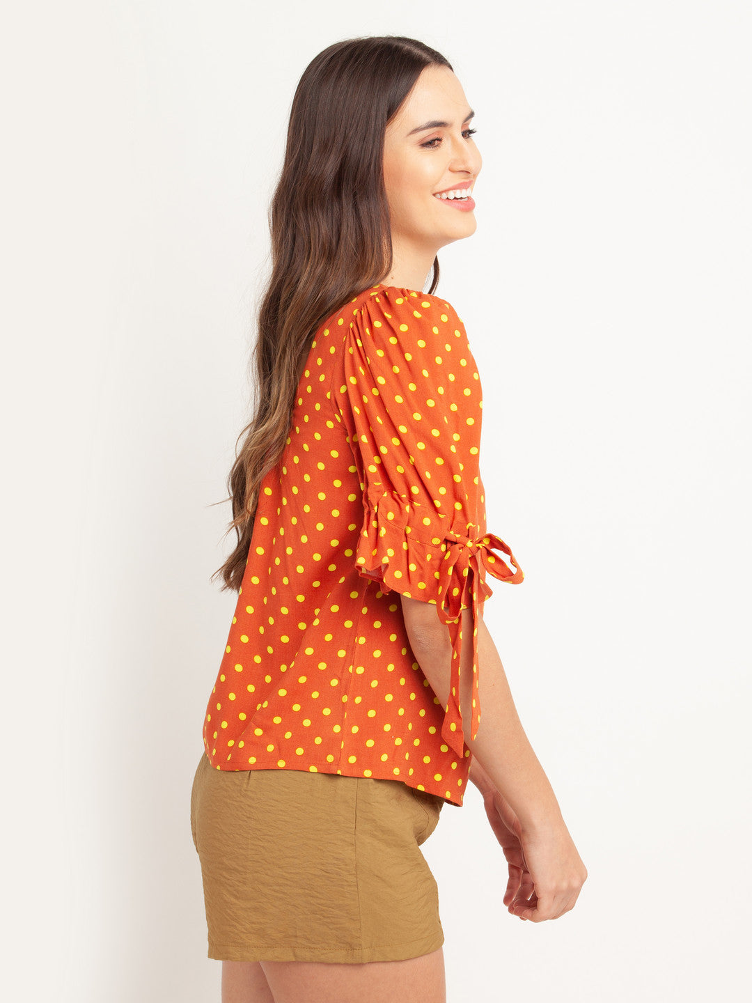 Orange Printed Puff Sleeve Top