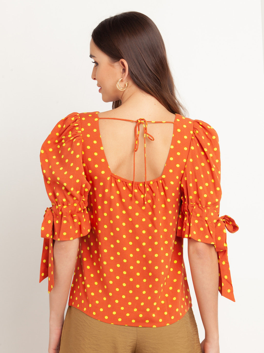 Orange Printed Puff Sleeve Top