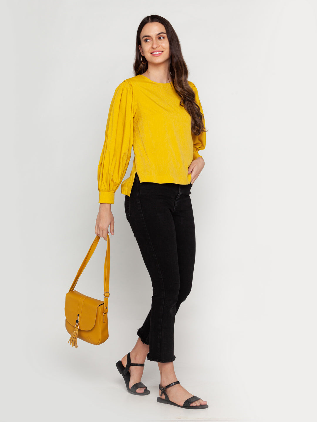 Mustard Solid Puff Sleeve Top For Women