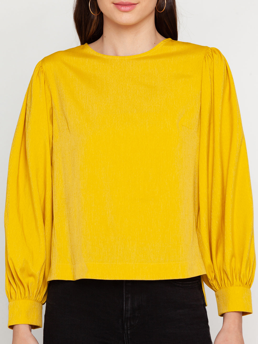 Mustard Solid Puff Sleeve Top For Women