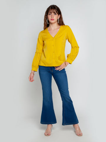 Mustard Solid Pleated Top For Women