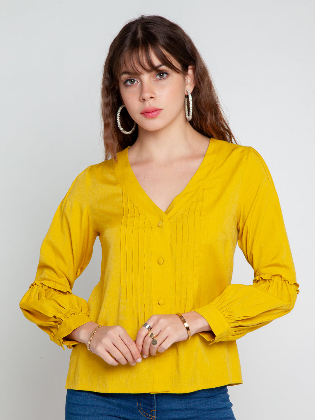 Mustard Solid Pleated Top For Women
