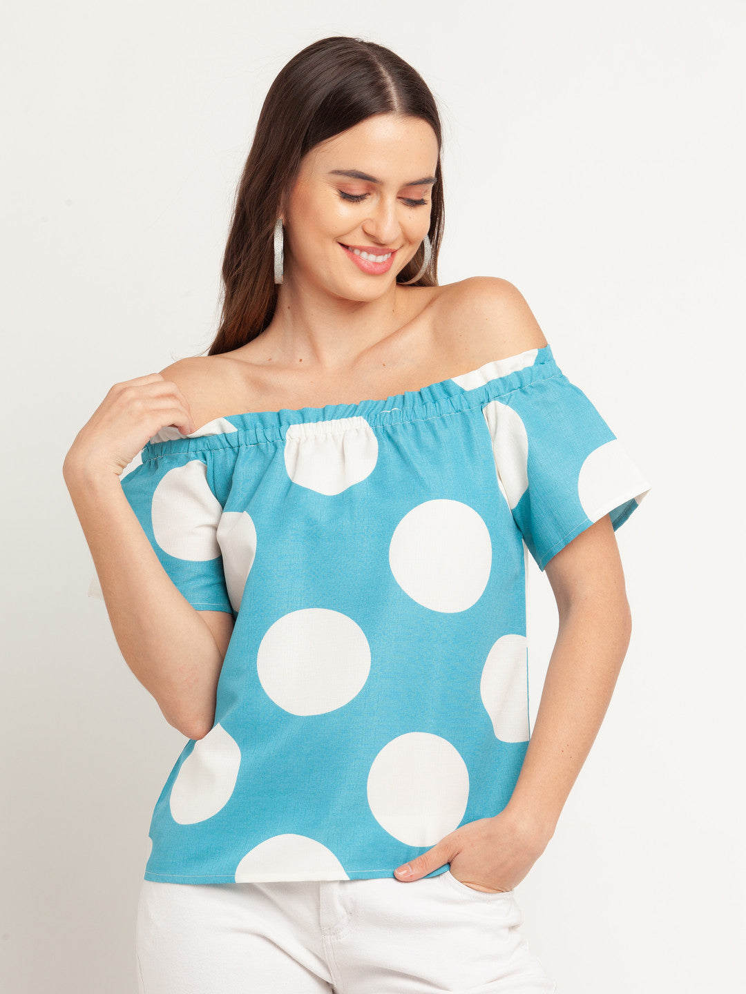 Blue Printed Off-shoulder Top