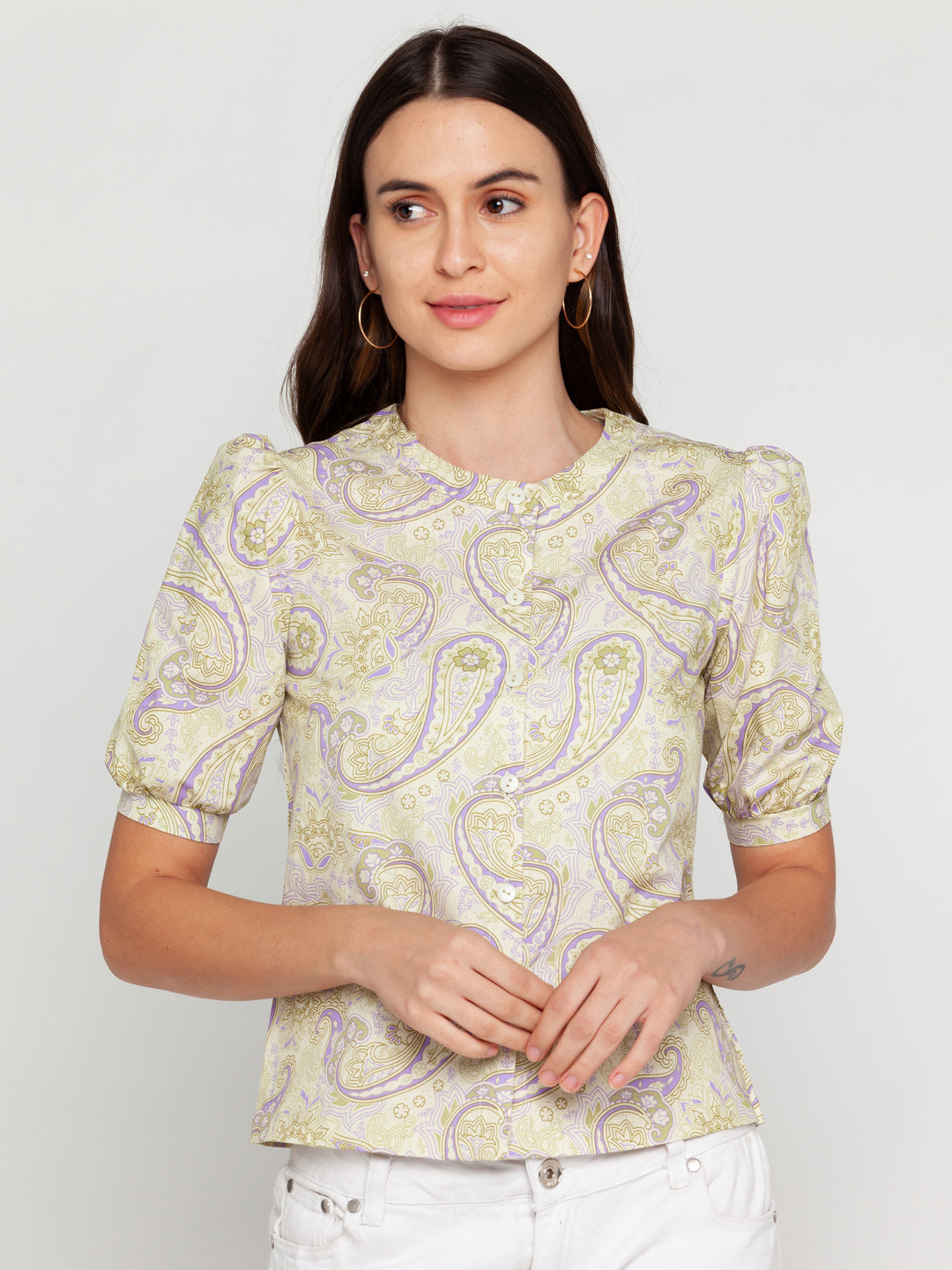 Green Printed Puff Sleeve Shirt