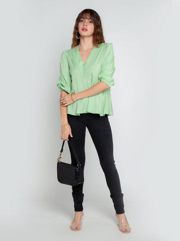 Green Solid Pleated Top For Women