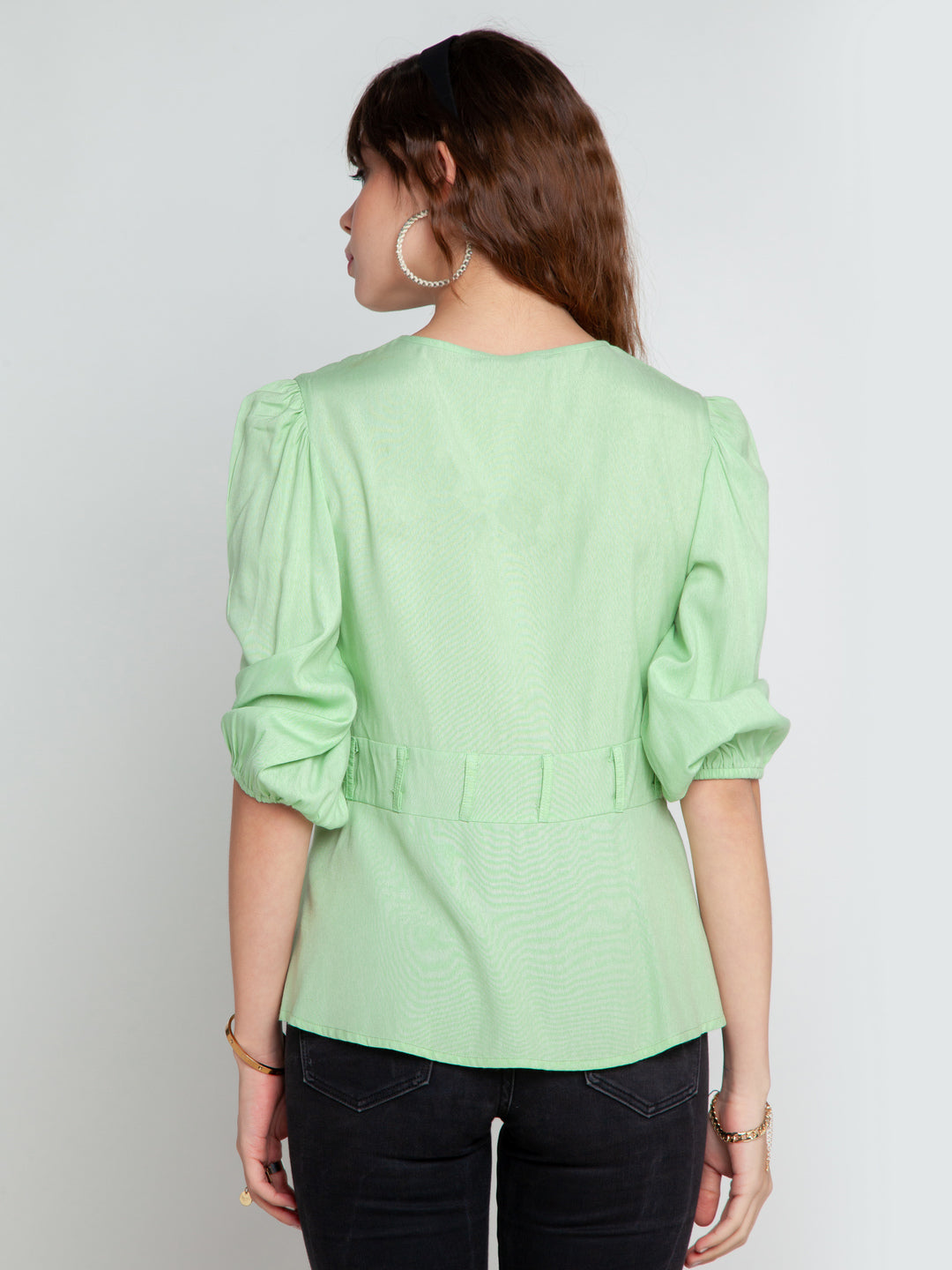 Green Solid Pleated Top For Women