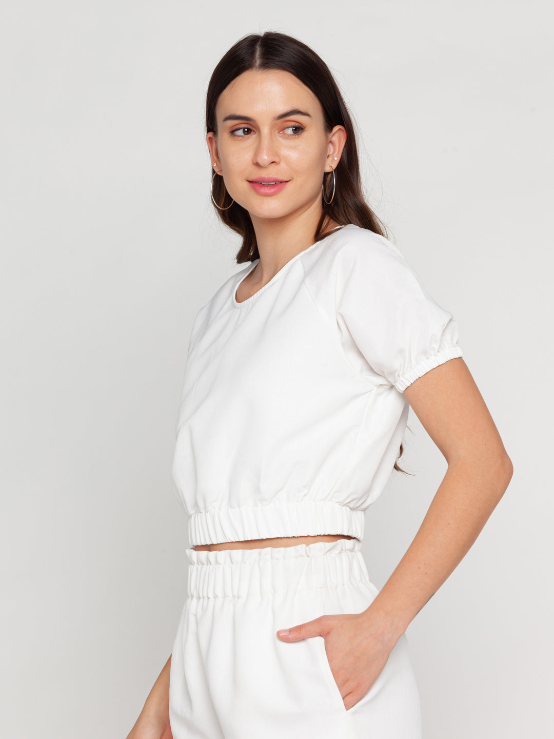 White Solid Elasticated Top For Women