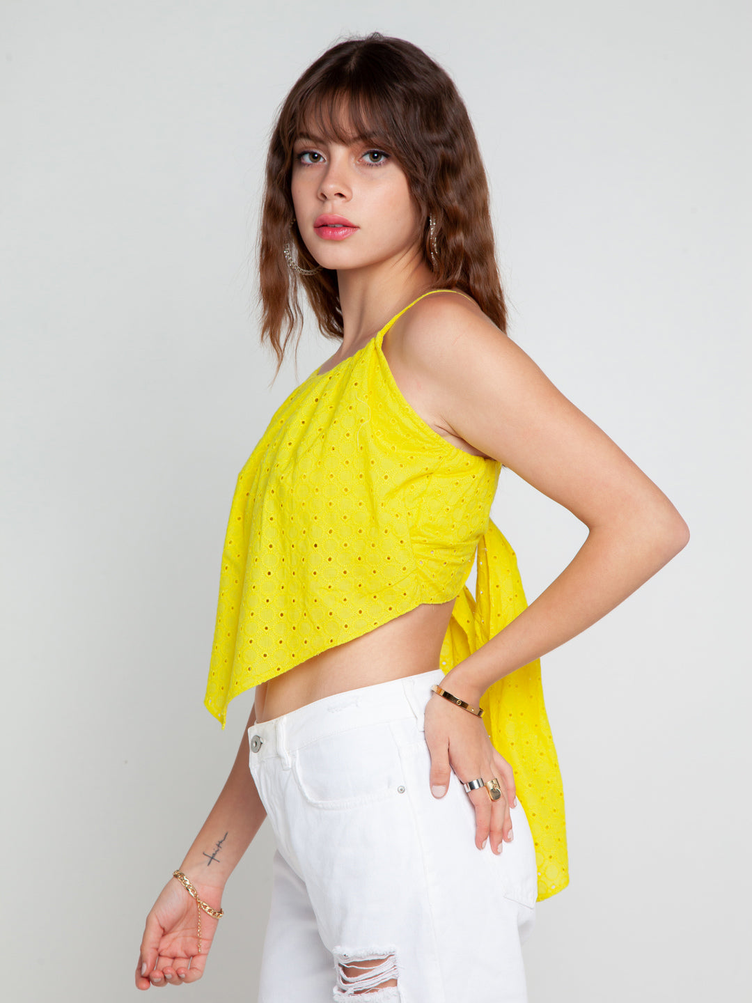 Yellow Solid Strappy Top For Women