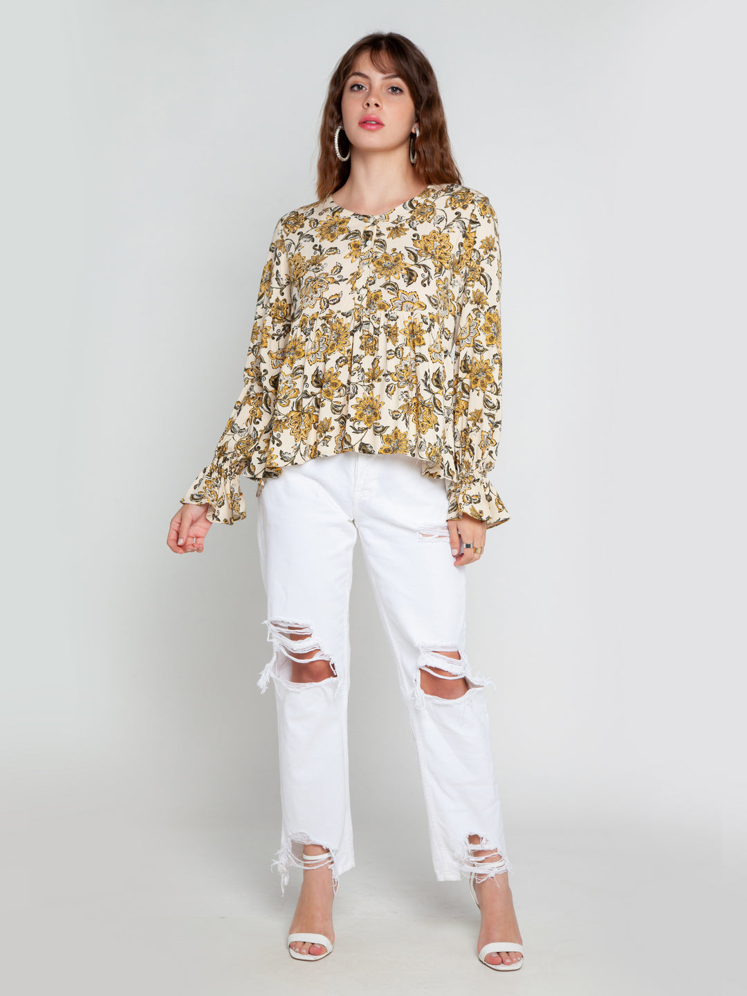 Cream Printed Tiered Top