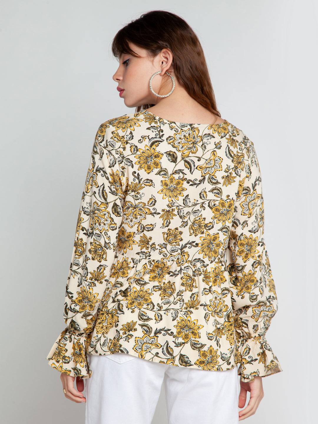 Cream Printed Tiered Top For Women