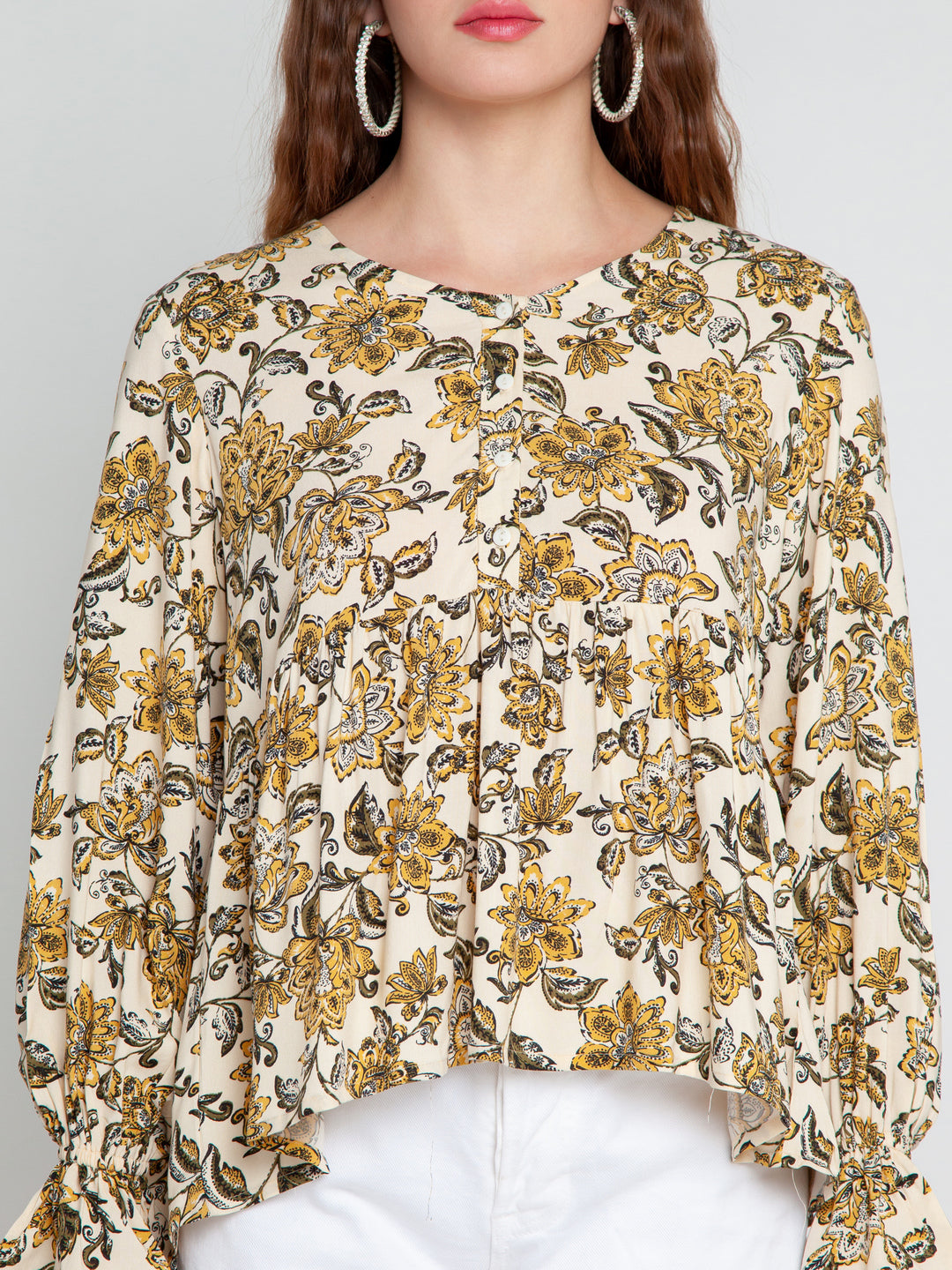 Cream Printed Tiered Top For Women