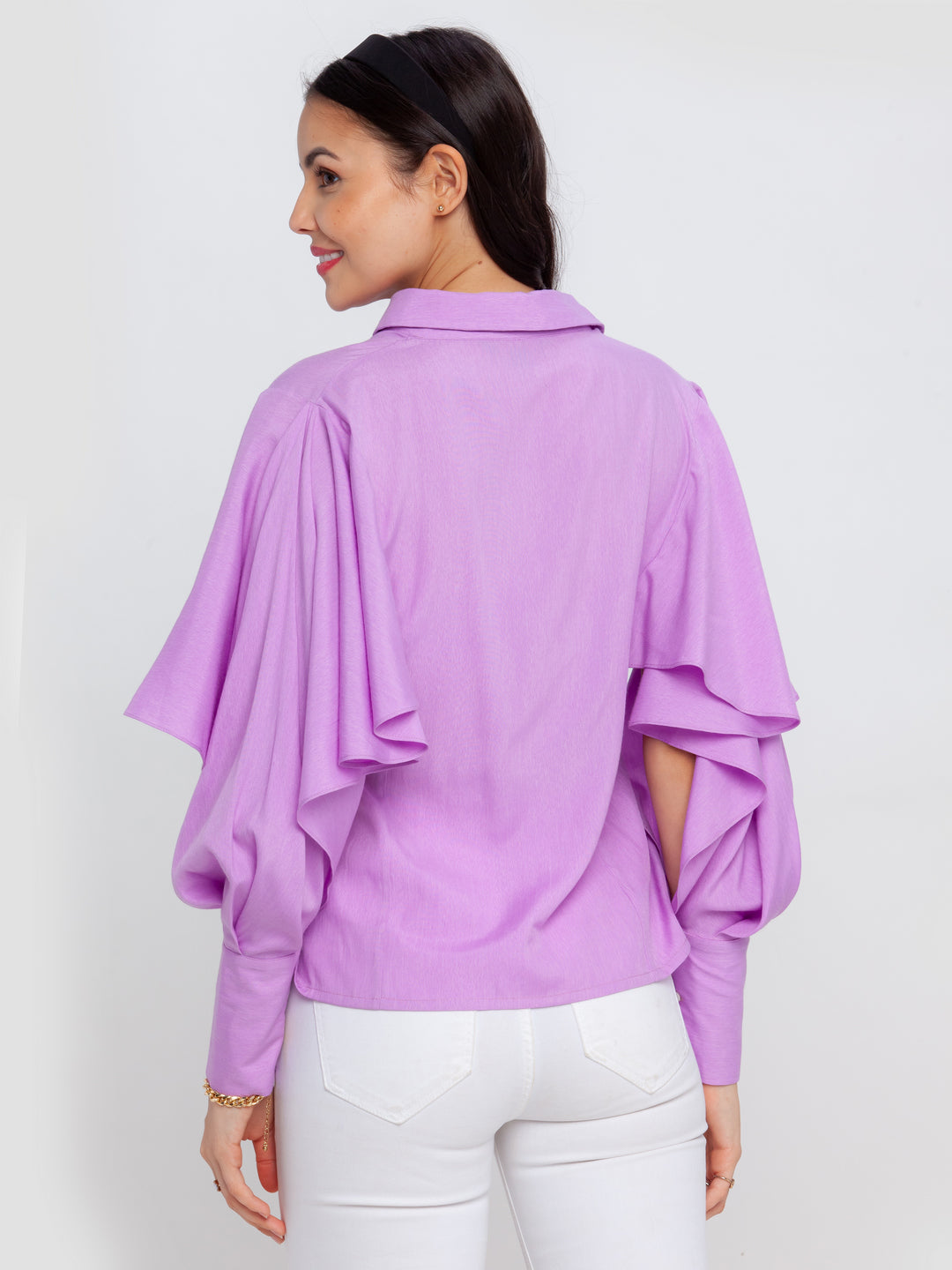 Purple Solid Ruffled Top For Women
