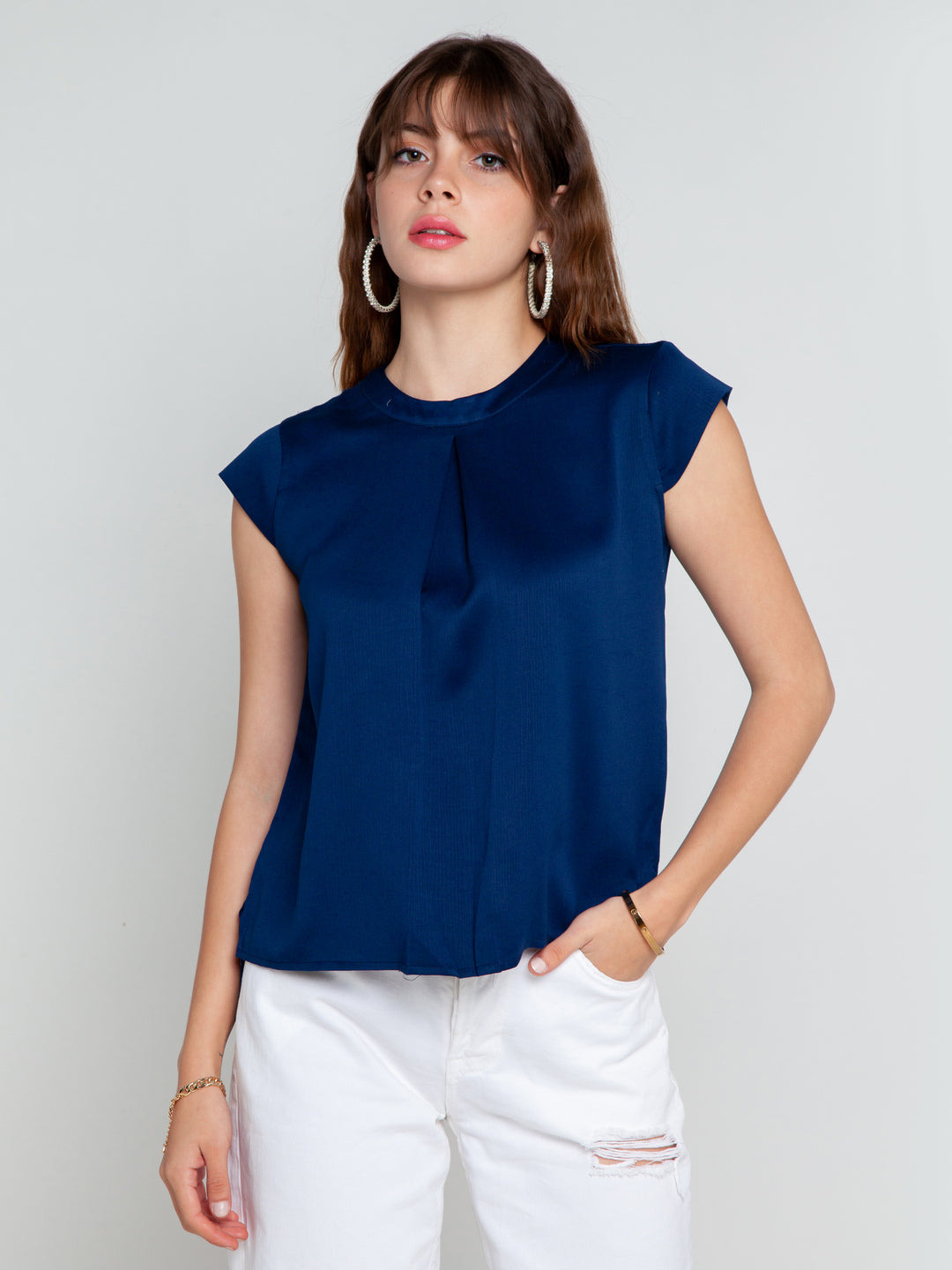 Navy Blue Solid Pleated Top