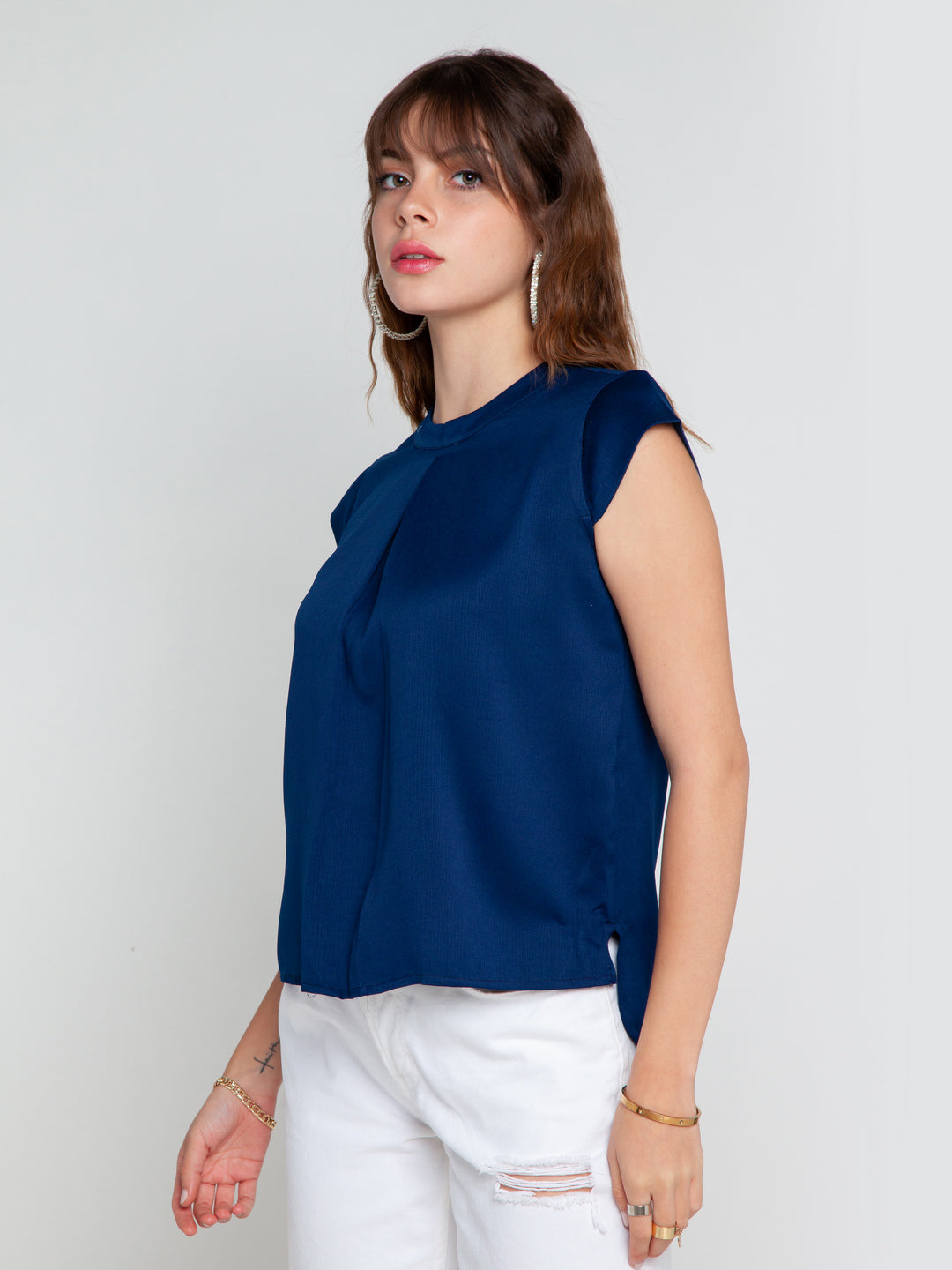 Navy Blue Solid Pleated Top