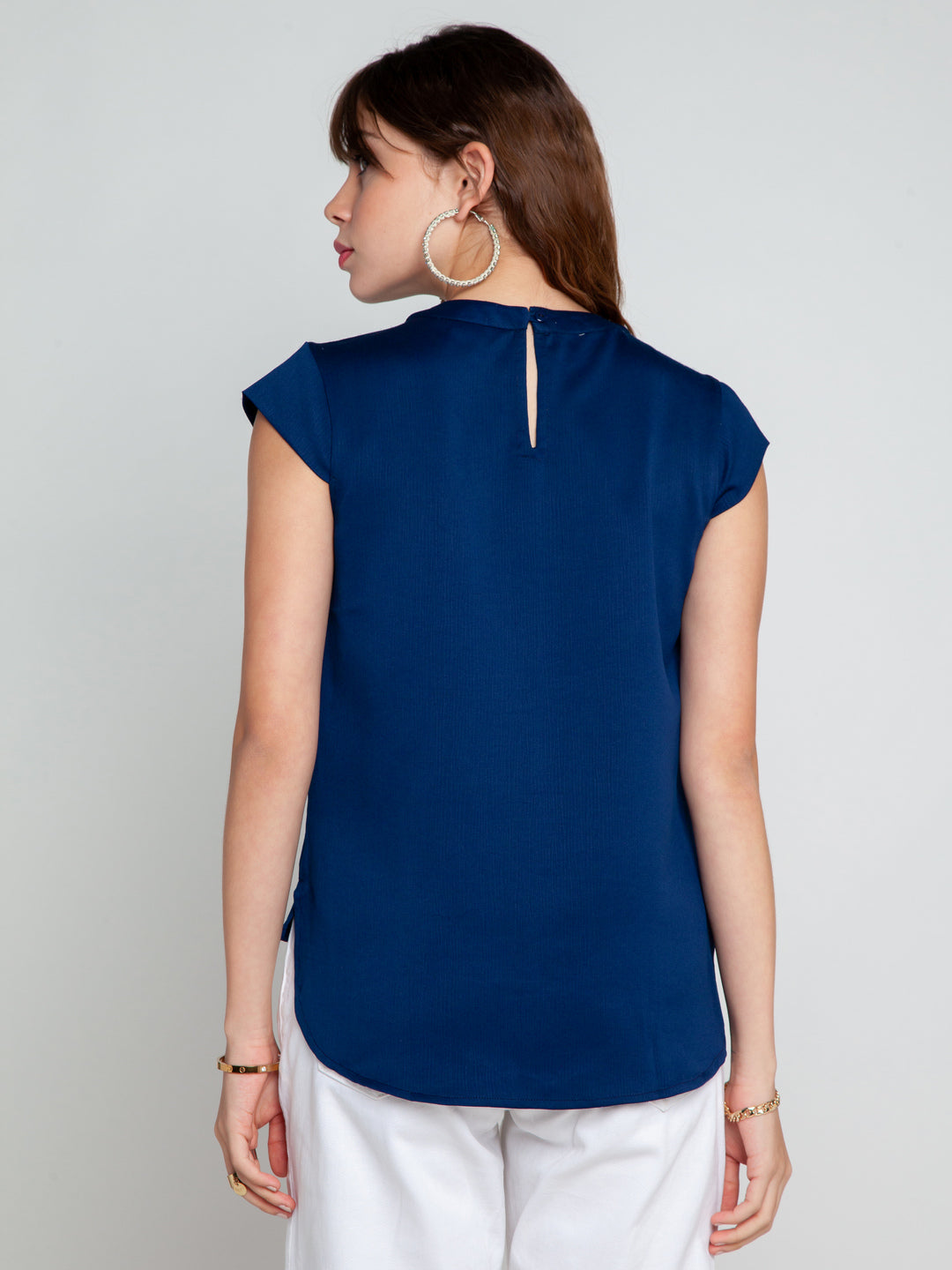 Navy Blue Solid Pleated Top