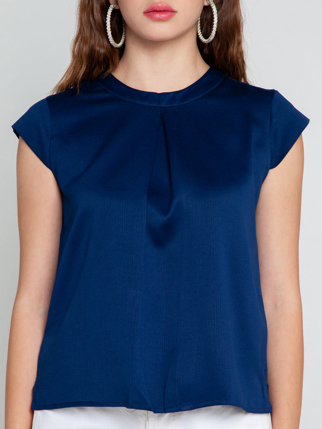 Navy Blue Solid Pleated Top