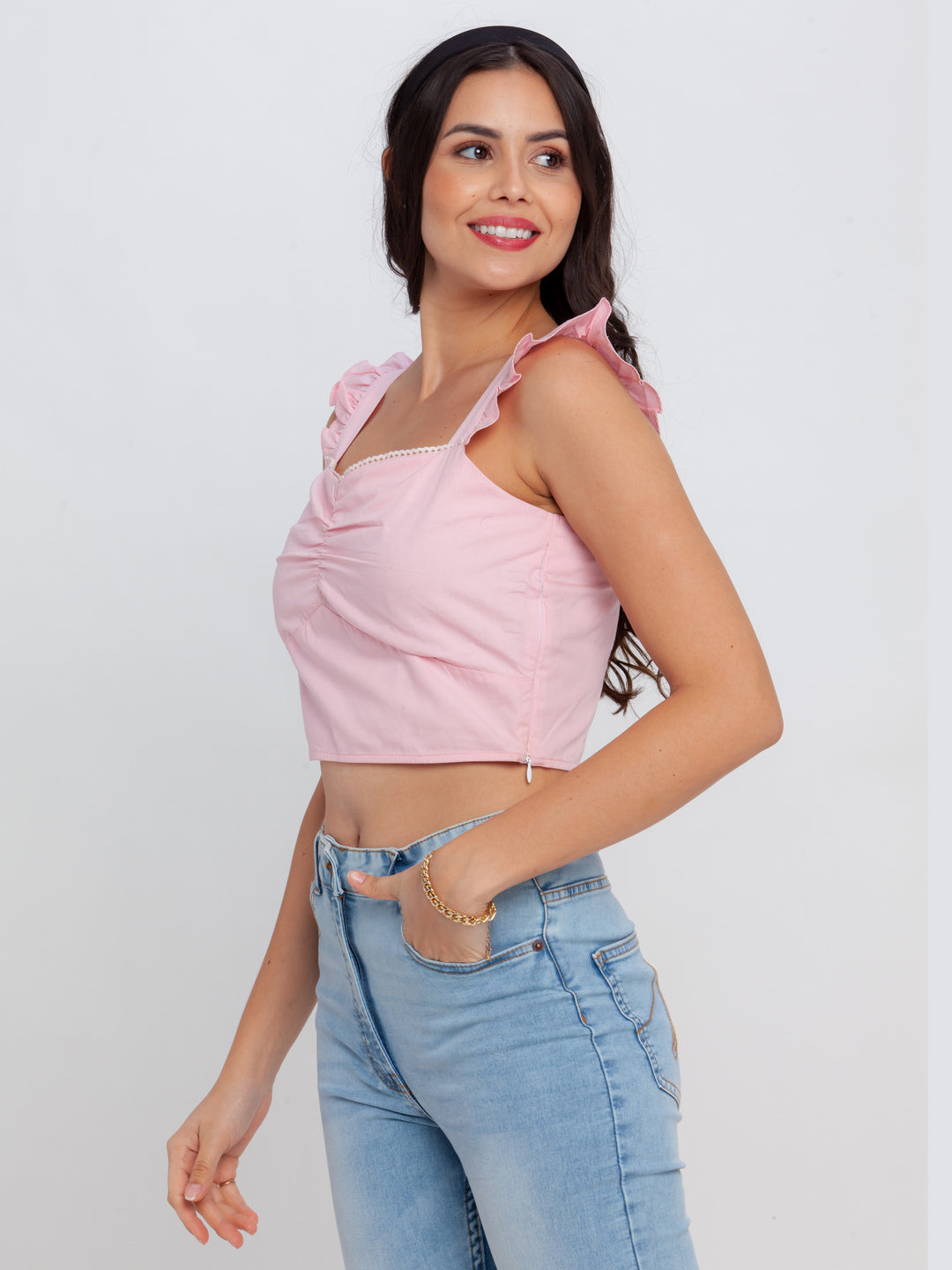 Pink Solid Fitted Top For Women