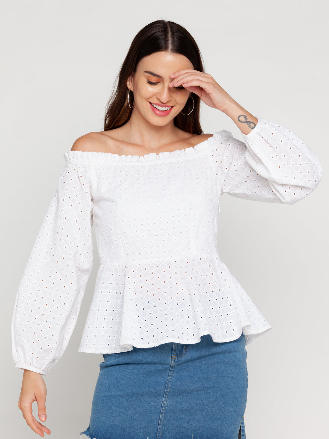 White Self Design Off-shoulder Top