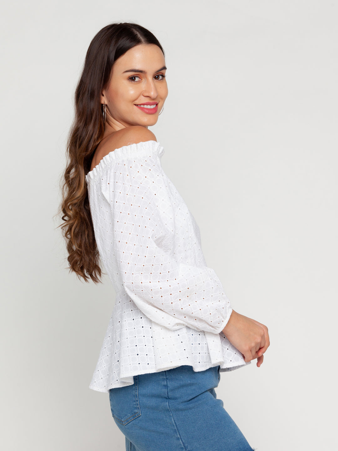 White Self Design Off-shoulder Top