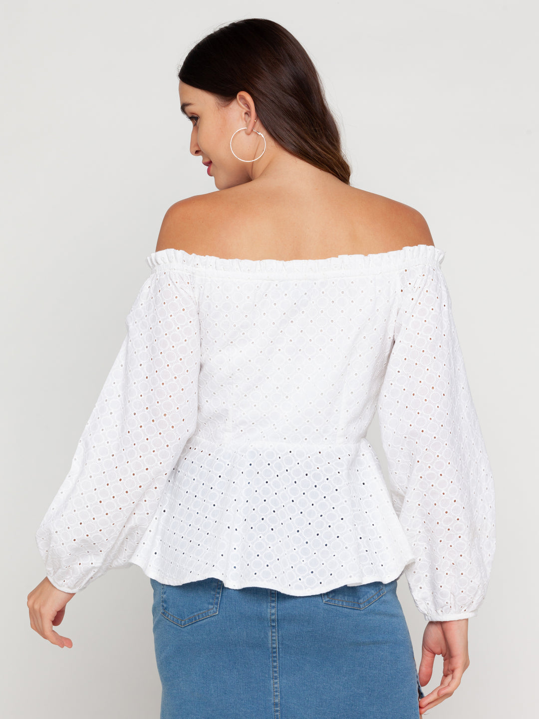 White Self Design Off-shoulder Top