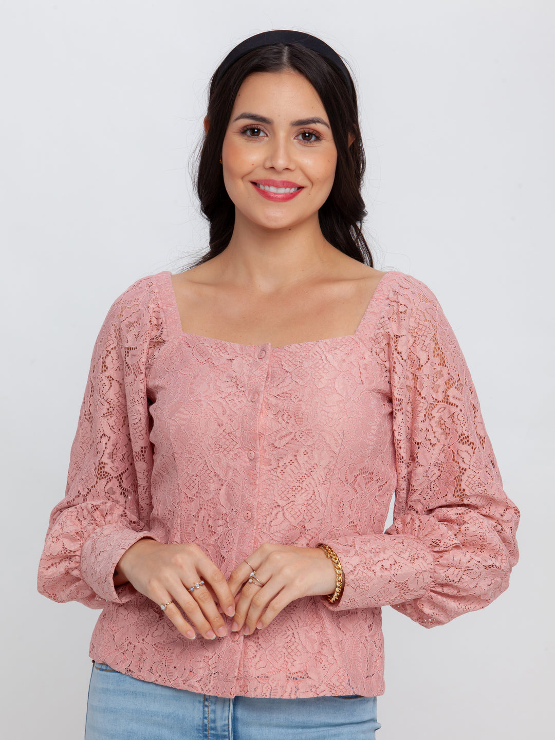 Pink Lace Puff Sleeve Top For Women