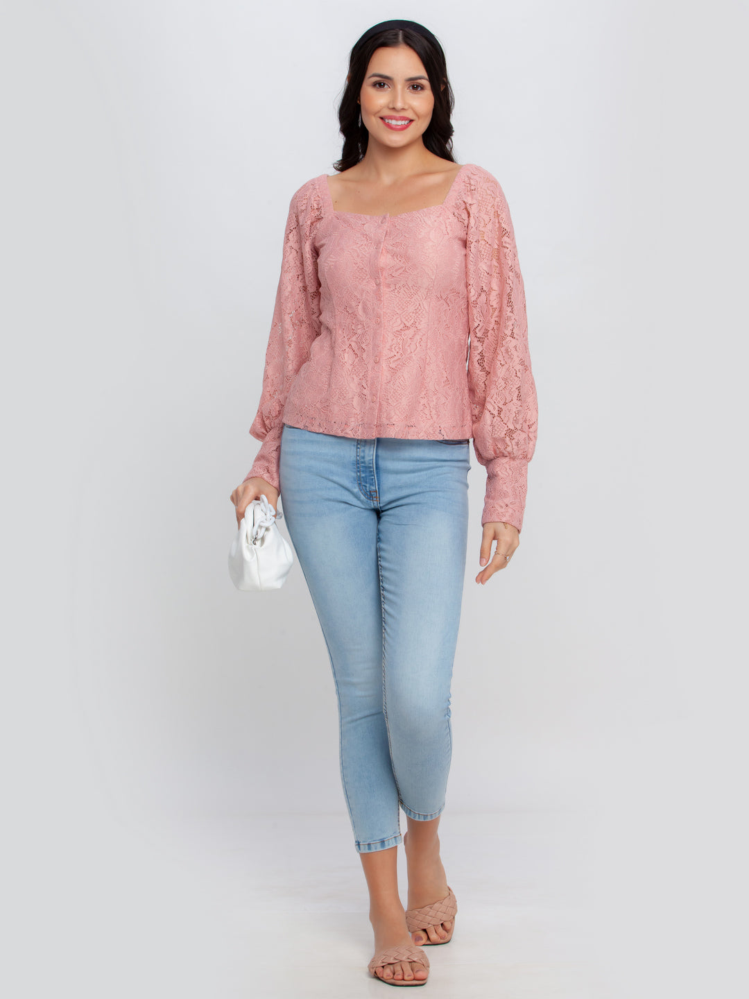 Pink Lace Puff Sleeve Top For Women