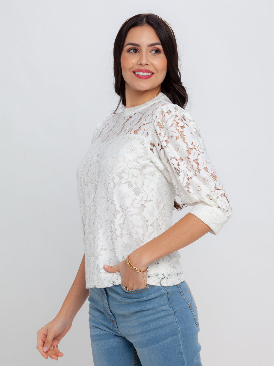 Off White Lace Fitted Top For Women